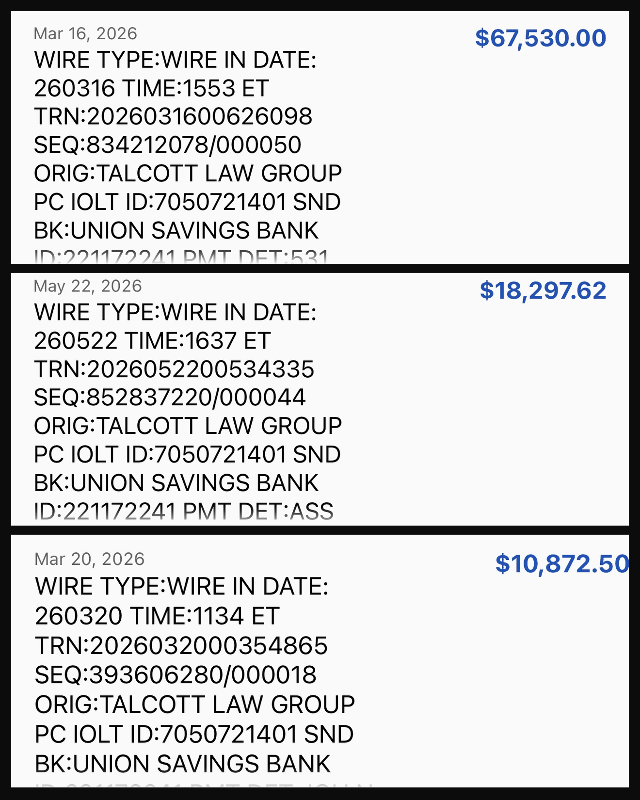 Wire transfer received from a closed novation deal