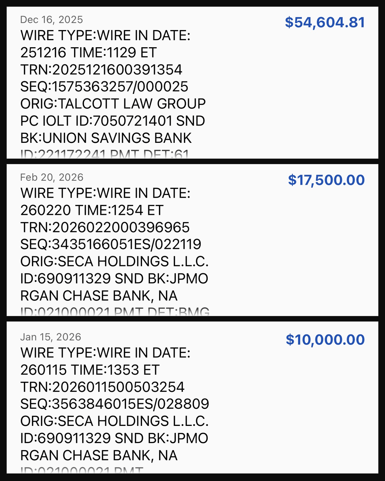 Wire transfer received from a closed novation deal