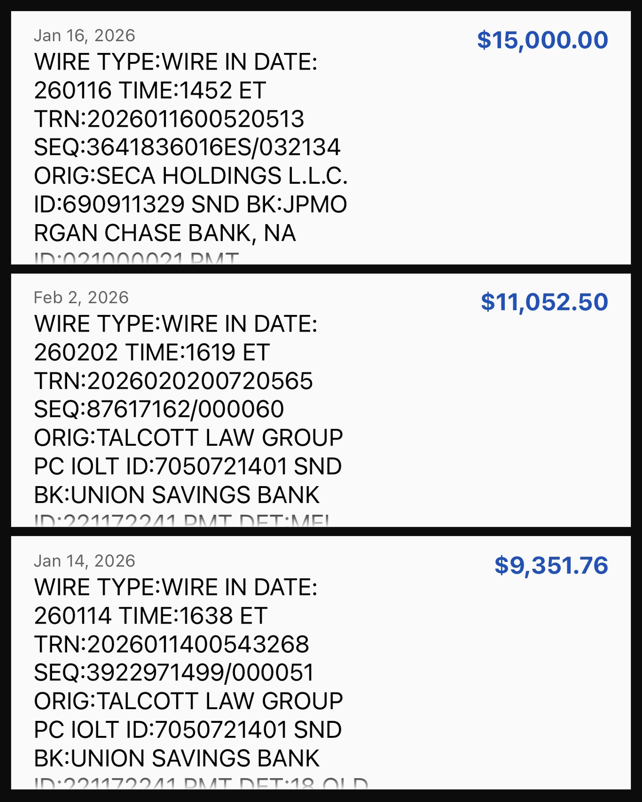 Wire transfer received from a closed novation deal